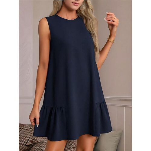 Solid Color Round Neck Sleeveless Vest Dress Navy  L 2