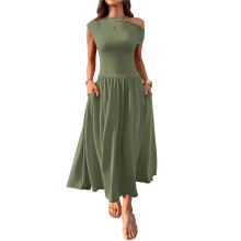 Women'S Summer 2025 Sleeveless Maxi Dress One Shoulder Casual Slim Swing Pleated Formal Dresses with Pockets Military Green M