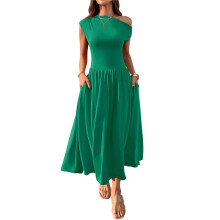 Women'S Summer 2025 Sleeveless Maxi Dress One Shoulder Casual Slim Swing Pleated Formal Dresses with Pockets Green Green M