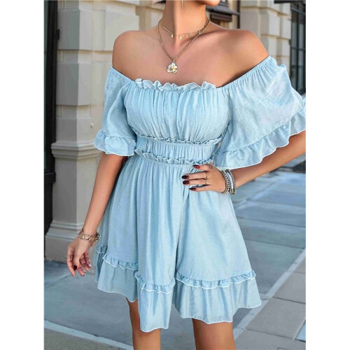 Solid Color Ruffled Short-Sleeved Dress for Women  M 2