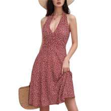 Women'S Summer Sleeveless Wrap V Neck Floral Sundress Dress Brick Red M