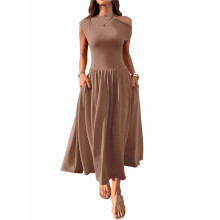 Women'S Summer 2025 Sleeveless Maxi Dress One Shoulder Casual Slim Swing Pleated Formal Dresses with Pockets Coffee Color S