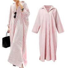 Women'S Casual Long Sleeve Button Down Loose Striped Maxi Shirt Dress XXXL