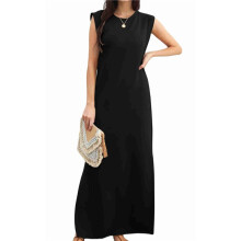 2025 Women Summer Round Neck Casual Loose Split Wrinkle-Free Long Maxi Vacation Dress with Pockets Black L