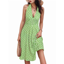 Women'S Summer Sleeveless Wrap V Neck Floral Sundress Dress Light Green L