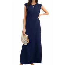 2025 Women Summer Round Neck Casual Loose Split Wrinkle-Free Long Maxi Vacation Dress with Pockets Navy XL