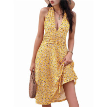 Women'S Summer Sleeveless Wrap V Neck Floral Sundress Dress Yellow XL