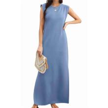 2025 Women Summer Round Neck Casual Loose Split Wrinkle-Free Long Maxi Vacation Dress with Pockets Denim M