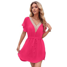 Women'S Swimsuit Cover Short Sleeve Loose Beachwear Deep V-Neck Beach Dress Rose Red S