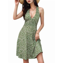 Women'S Summer Sleeveless Wrap V Neck Floral Sundress Dress Ink Green L