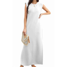 2025 Women Summer Round Neck Casual Loose Split Wrinkle-Free Long Maxi Vacation Dress with Pockets White XXL