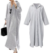 Women'S Casual Long Sleeve Button Down Loose Striped Maxi Shirt Dress Grey M