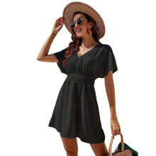 Womens Summer Solid Casual V-Neck Beach Dress Ruffle Short Sleeve Loose Dress Black XL