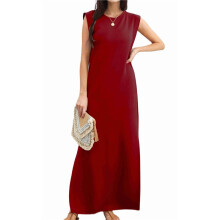 2025 Women Summer Round Neck Casual Loose Split Wrinkle-Free Long Maxi Vacation Dress with Pockets Wine Red S