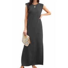 2025 Women Summer Round Neck Casual Loose Split Wrinkle-Free Long Maxi Vacation Dress with Pockets Dark Gray XXL