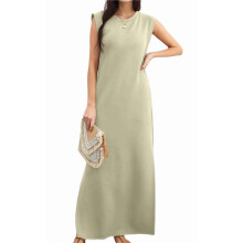 2025 Women Summer Round Neck Casual Loose Split Wrinkle-Free Long Maxi Vacation Dress with Pockets Khaki S