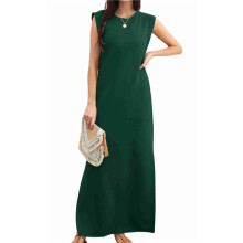 2025 Women Summer Round Neck Casual Loose Split Wrinkle-Free Long Maxi Vacation Dress with Pockets Dark Green S