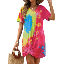 Ladies Summer V-Neck Side Twist Short Sleeve Dress Color S