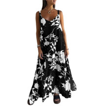 Women Dresses Summer Spaghetti Strap Sleeveless V Neck Sundress Boho Floral Vacation Maxi Dress Suspender Dress Black XL