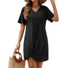 Ladies Summer V-Neck Side Twist Short Sleeve Dress Black L