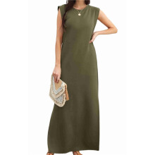 2025 Women Summer Round Neck Casual Loose Split Wrinkle-Free Long Maxi Vacation Dress with Pockets Military Green M