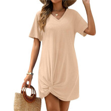 Ladies Summer V-Neck Side Twist Short Sleeve Dress Light Brown S