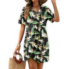 Ladies Summer V-Neck Side Twist Short Sleeve Dress Black Leaf M