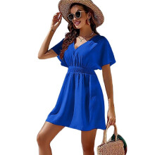 Womens Summer Solid Casual V-Neck Beach Dress Ruffle Short Sleeve Loose Dress XL