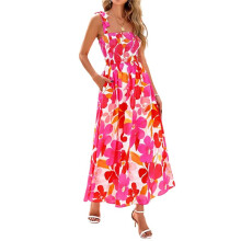 Womens Summer Dresses Floral Sleeveless Smocked Maxi Dress Boho Spaghetti Strap A Flowy Beach Long Sundress XL