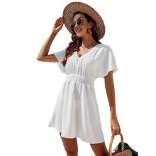 Womens Summer Solid Casual V-Neck Beach Dress Ruffle Short Sleeve Loose Dress White S