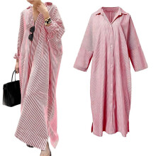 Women'S Casual Long Sleeve Button Down Loose Striped Maxi Shirt Dress Red 4XL