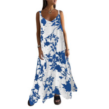 Women Summer Spaghetti Strap Sleeveless V Neck Sundress Boho Floral Vacation Maxi Suspender Dress Sky M
