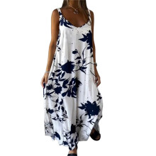 Women Summer Spaghetti Strap Sleeveless V Neck Sundress Boho Floral Vacation Maxi Suspender Dress White XXL