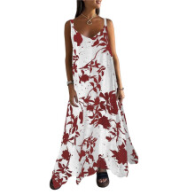 Women Dresses Summer Spaghetti Strap Sleeveless V Neck Sundress Boho Floral Vacation Maxi Dress Suspender Dress Red L