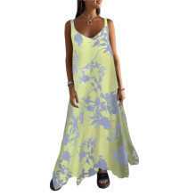 Women Dresses Summer Spaghetti Strap Sleeveless V Neck Sundress Boho Floral Vacation Maxi Dress Suspender Dress Yellow L