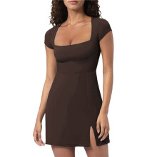 Womens Tennis Dresses Short Sleeve Square Neck Side Slit Double Lined Athletic Dress Coffee Color S