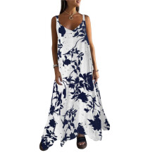 Women Dresses Summer Spaghetti Strap Sleeveless V Neck Sundress Boho Floral Vacation Maxi Dress Suspender Dress White L