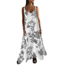 Women Dresses Summer Spaghetti Strap Sleeveless V Neck Sundress Boho Floral Vacation Maxi Dress Suspender Dress Grey XL