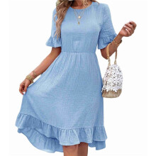 Women'S Short Sleeve Dresses High Waist Round Neck Solid Flounce Sleeve Ruffle Dress Sky S