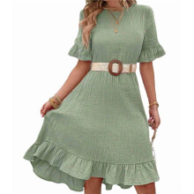 Women'S Short Sleeve Dresses High Waist Round Neck Solid Flounce Sleeve Ruffle Dress Bean Green XL