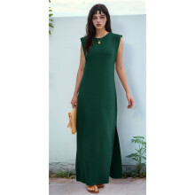 2025 Women Summer Round Neck Casual Loose Split Wrinkle-Free Long Maxi Vacation Dress with Pockets Dark Green XXL