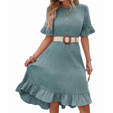 Women'S Short Sleeve Dresses High Waist Round Neck Solid Flounce Sleeve Ruffle Dress Gray XXXL