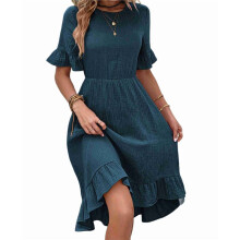 Women'S Short Sleeve Dresses High Waist Round Neck Solid Flounce Sleeve Ruffle Dress and Green XXL