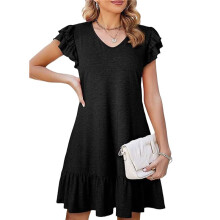Women Summer Dresses Ruffle Short Sleeve Smocked V Neck Casual Loose A- Swing Dress Sundress Black M