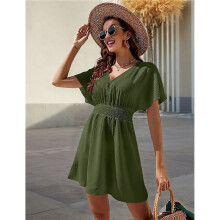 Womens Summer Solid Casual V-Neck Beach Dress Ruffle Short Sleeve Loose Dress Military Green XL