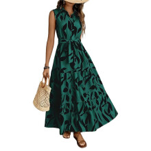 Damska Letnia Sukienka Maxi z Kwiatowym Wzorem, Zapinana na Guziki, z Wiązaniem w Talii, z Falbanką, Bez Rękawów, w Stylu Boho, Zielona, XL