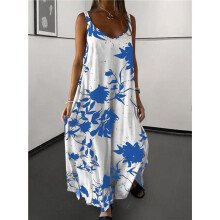 Women Summer Spaghetti Strap Sleeveless V Neck Sundress Boho Floral Vacation Maxi Suspender Dress Sky XL
