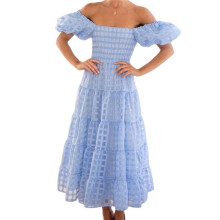 Women'S Puffy Short Sleeve Square Neck Smocked Tiered A Maxi Long Dresses L