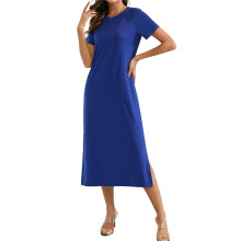 Women Summer Crew Neck Casual Loose Split Wrinkle-Free Long Maxi Beach Dress with Pockets L