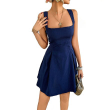 Vestito Corto Svasato Senza Maniche con Scollo Quadrato da Donna, Stile A, per Feste e Club Blu Navy S
